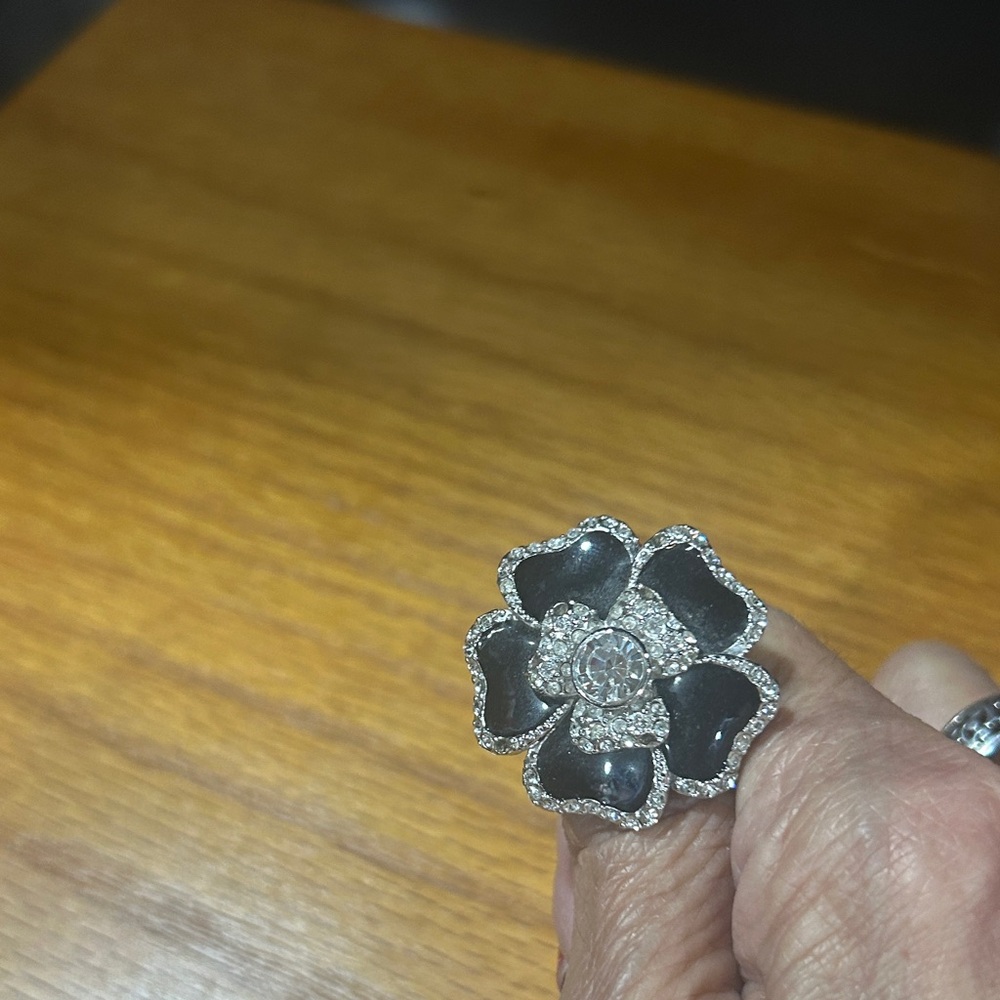 Lia Sophia Black Floral Crystal Cocktail Ring